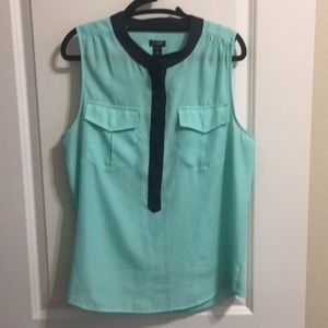 Mint and navy sleeveless blouse